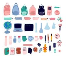 Different kinds of school equipment set. Vector doodle school supplies isolated on white background