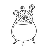 Vector doodle boiling cauldron with potion for Halloween. Halloween witch pot with potion vector attribute.