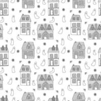 Hand drawn country house with ghost and web seamless pattern. Scandinavian house with roof vector doodle pattern isolated on white background. Halloween background.