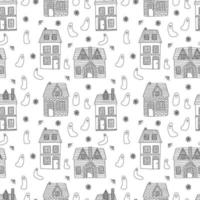 Hand drawn country house with ghost and web seamless pattern. Scandinavian house with roof vector doodle pattern isolated on white background. Halloween background.