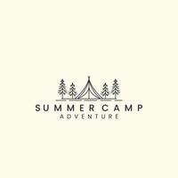 tent logo with linear vector illustration, summer camp, tree icon template design