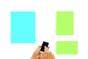 Phone in hand - to work on a smartphone with opening speech on transparent background png file