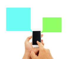 Phone in hand - to work on a smartphone with opening speech on transparent background png file