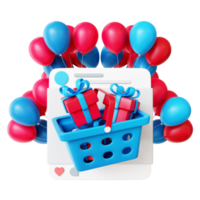 Panier d'achat 3d sur les réseaux sociaux avec ballon png