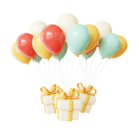 Ballon de couleur d'anniversaire 3d et boîte-cadeau png