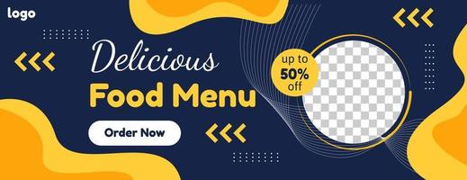 food menu banner background design template with orange and dark blue color vector