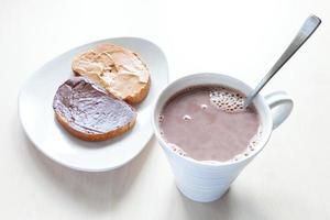 above view of cup with cocoa and toasts on plate photo