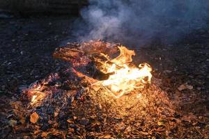 buring firewoods on cinder in country garden photo