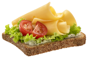 Gouda-Käse-Scheiben auf Roggenbrot mit Tomaten und Salatblättern isoliert auf weißem Hintergrund png