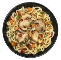 Instant noodles with grilled mushrooms in black bowl, top view png