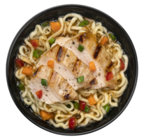 Instant noodles with grilled chicken meat in black bowl isolated, top view png