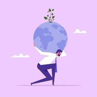 Climate change and global warming responsibility, commitment to take care our planet earth concept, businessman in atlas pose carrying green globe with on his shoulder vector