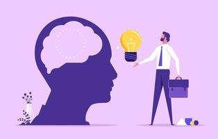 Business idea, mentor give an advice, solution to solve business problem or help sharing creativity idea concept, businessman giving lightbulb idea to another vector