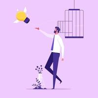 Businessman break free flying light bulb idea from bird cage, Vector illustration design