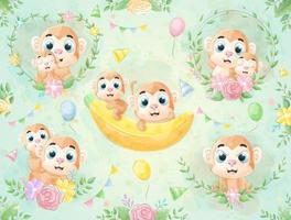 Cute little Monkey with watercolor illustration set vector