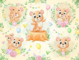 Cute little Bear with watercolor illustration set vector