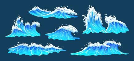 Blue sea waves with white foam collection. Ocean waves, surf and water splashes Illustration set vector