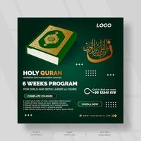 Islamic social media design with green for holy Quran educating vector