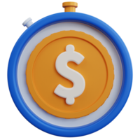 3d rendering blue stopwatch with coin dollar isolated png