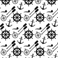Marine background. Anchor, oars, compass, ship's rudder, smoking pipe. Vector illustration.