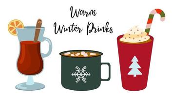 Hot winter drinks. Red coffee cup with cream, green mug with marshmallow, glass cup with mulled wine. Vector illustration. Isolated on white background.