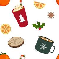 Hot winter Christmas drinks. Cup with cream and candy cane, cocoa with marshmallows. Vector seamless pattern. Isolated on white background. Wrapping paper, greeting cards, textile design.