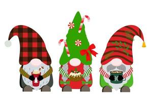 dibujos animados de gnomos navideños con bebidas calientes de invierno y pastel con imágenes prediseñadas de glaseado. ilustración vectorial aislado sobre fondo blanco. vector