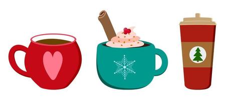 Warm winter drinks. Red mug with heart, tile mug with cream and cinnamon stick, red coffee cup. Vector set of illustrations. Isolated on white background.