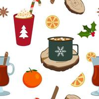 Winter Christmas drink. Red coffee cup with cream, green cocoa mug with marshmallow, glass cup with mulled wine. Vector seamless pattern. Isolated on white background.