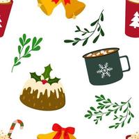 Winter holidays elements. Red coffee cup with cream and candy cane, green mug with marshmallows, bells with bow, cake with cream icing. Vector seamless pattern. Isolated on white background.