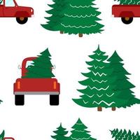 Red trucks with christmas trees vector seamless pattern. Isolated on white background.