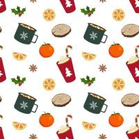 Winter warming drinks. Coffee with cream, cocoa with marshmallow. Vector seamless pattern. Isolated on white background. Wrapping paper, greeting cards, textile design.