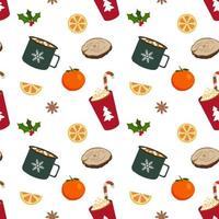 Winter warming drinks. Coffee with cream, cocoa with marshmallow. Vector seamless pattern. Isolated on white background. Wrapping paper, greeting cards, textile design.