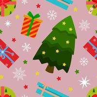 Holiday tree with stars, colorful presents, white snowflakes. Vector seamless pattern on pink background.