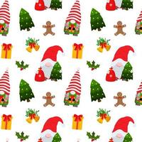 Cartoon Christmas gnomes with trees and other elemetns seamless pattern vector