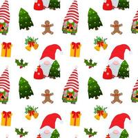 Cartoon Christmas gnomes with trees and other elemetns seamless pattern vector