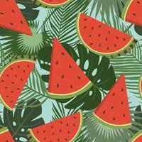 Watermelon wedges with green tropical leaves vector seamless pattern. Fruit summer seamless pattern with watermelon slices. Useful for wrapping paper and decorations.