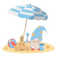 ilustración de gnomo de vacaciones en la playa con pala, balde, castillo de arena, pelota, sombrilla. aislado sobre fondo blanco. plantilla para pancarta, afiche, tarjeta de felicitación, etc. vector