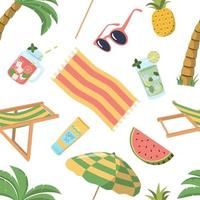 Seamless summer beach elements pattern. Hand drawn vector background of palm trees, sun bed, umbrella, drinks, fruits. Design for wallpaper, wrapping paper, textile printing.