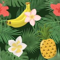 Summer green tropical leaves, pineapples, bananas and exotic flowers seamless pattern on dark green background. vector