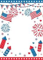 4th of July patriotic border frame with US national colors fireworks, flags and sparks, isolated on white background. Design for American Independence Day party invitations or posters. vector