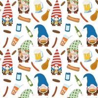 Cartoon summer barbecue gnomes with grilled food and drinks seamless pattern. Isolated on white background. Summer weekend party holiday design. vector