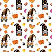 Vector cute Halloween gnomes, sweets, pumpkin bucket, bowl seamless pattern. Isolated on white background.