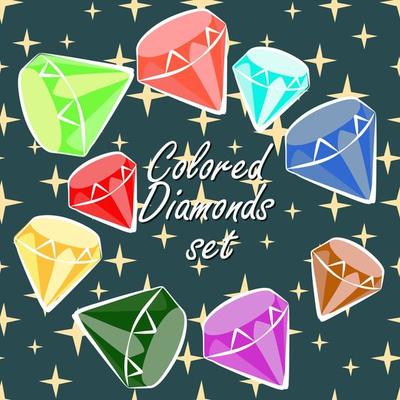 Set with diamonds and crystals in bright colors on a background of stars. Children's illustration, Cartoon background. Pattern with stars.