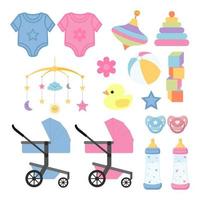 Children's elements set. Stroller, pacifier, bottle, sliders, cubes, top, pyramid. Vector illustration.