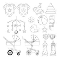 Children's elements set. Stroller, pacifier, bottle, sliders, cubes, pyramid. Vector illustration.