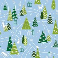 Snowy winter forest with trees and animals. Cute vector pattern