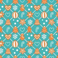 Cute seamless pattern with Christmas gingerbread cookies drawn in cartoon style vector