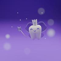 Cute cartoon tooth fairy character 3d render illustration, first tooth loss concept photo