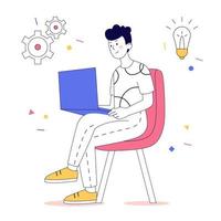 el hombre con la computadora portátil se sienta en la silla. concepto de trabajo, aprendizaje. ilustración de vector de arte de línea.